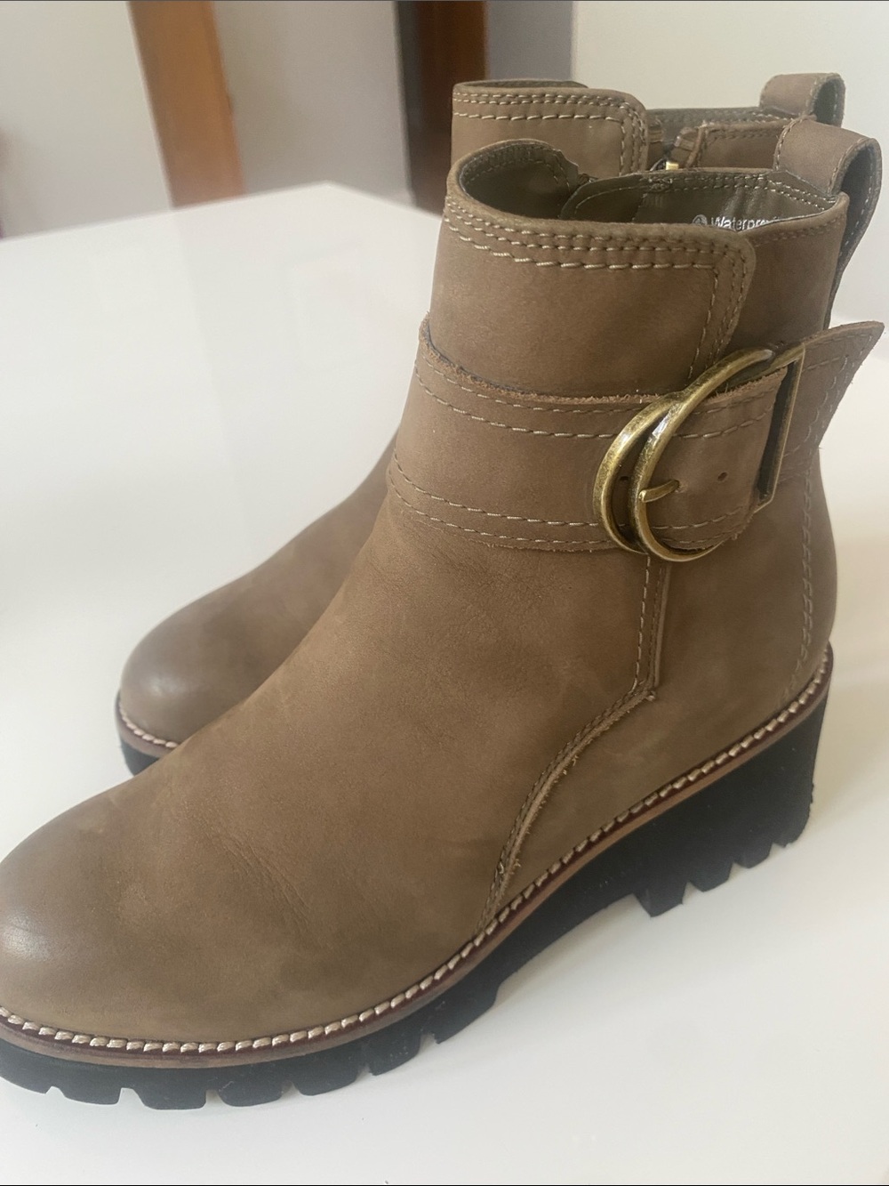 Bionica Taupe-Brown Buckled Lug Sole Ankle Booties
